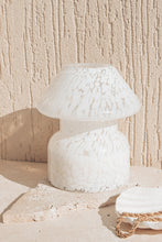 Load image into Gallery viewer, Sustainable white glass candle lamp styled with necklace
