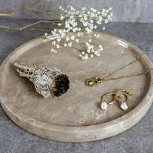 Load image into Gallery viewer, Paskal Stone Tray styled with sage stick, gold jewellery and florals
